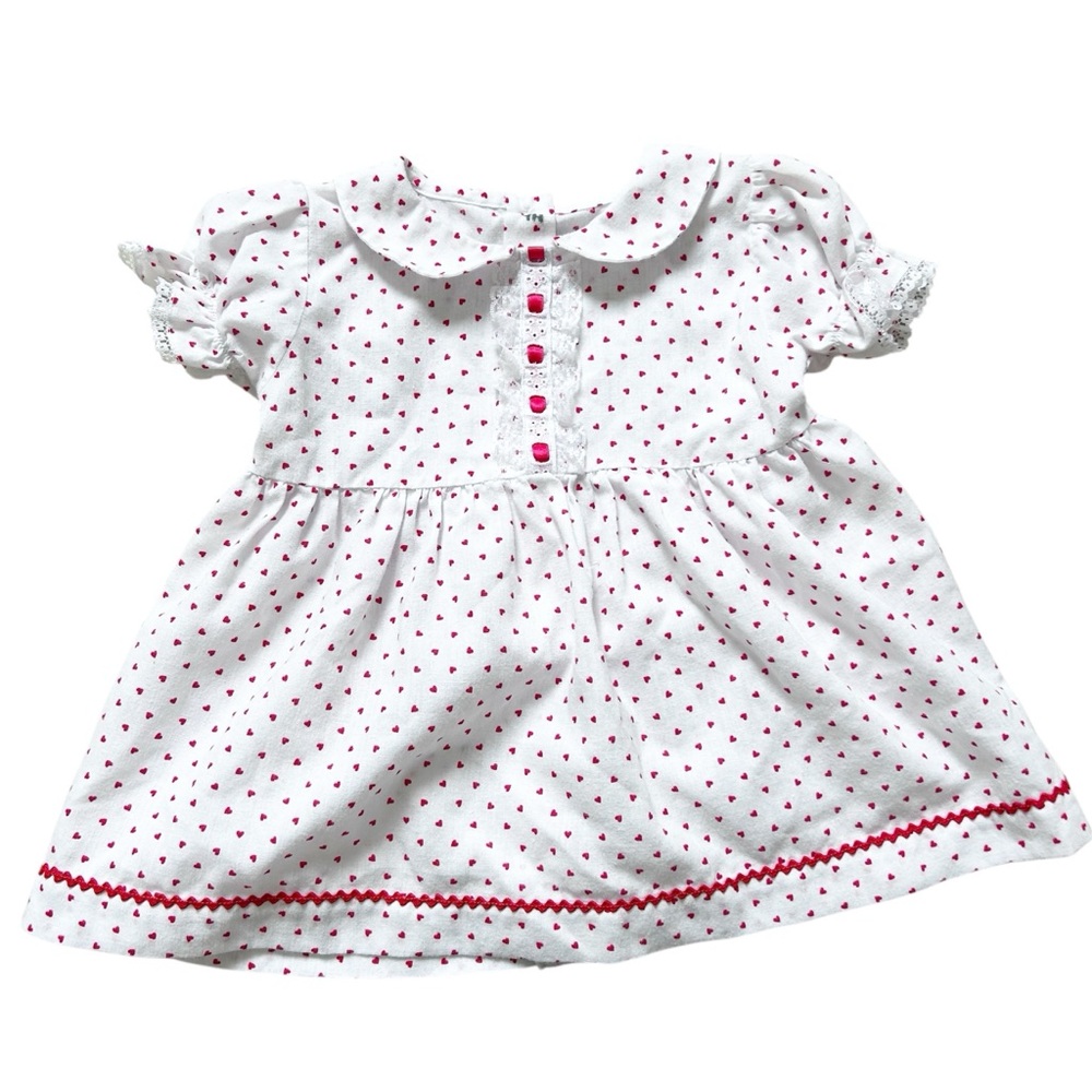 Vintage Handcrafted White and Red Polka Dot Heart Baby Dress Lightweight